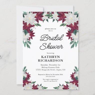 Burgundy Poinsettias Christmas Bridal Shower Invitations