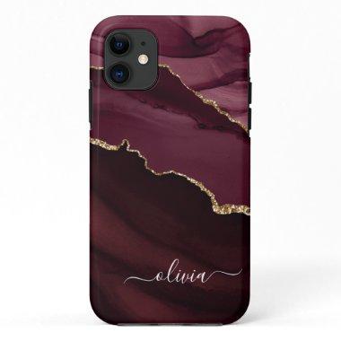 Burgundy Purple Agate Geode Gold Monogram iPhone 11 Case