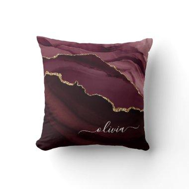 Burgundy Purple Agate Geode Gold Monogram Throw Pillow