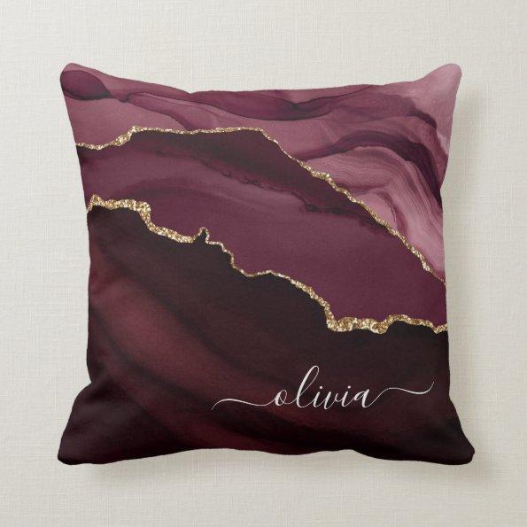 Burgundy Purple Agate Geode Gold Monogram Throw Pillow