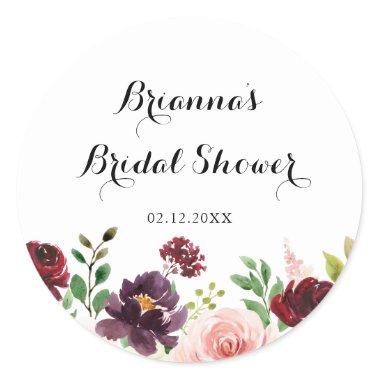Burgundy Purple Spring Floral Bridal Shower Favor Classic Round Sticker
