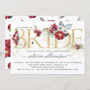 Burgundy Red and Gold Floral Bridal Shower Invitations