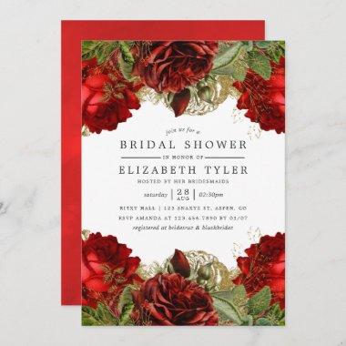 Burgundy Red and Gold Vintage Rose Bridal Shower Invitations