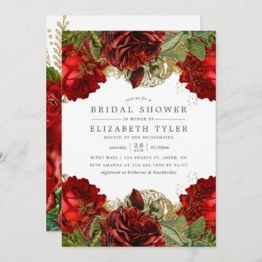 Burgundy Red and Gold Vintage Rose Bridal Shower Invitations