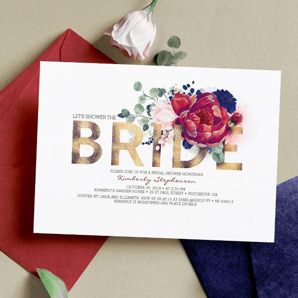 Burgundy Red and Navy Blue Floral Bridal Shower Invitations