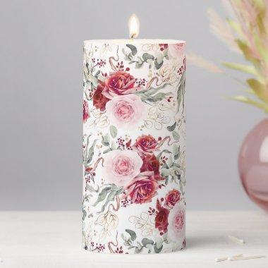 Burgundy Red and Pink Floral Botanical Elegant Pillar Candle