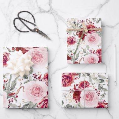 Burgundy Red and Pink Floral Botanical Elegant Wrapping Paper Sheets
