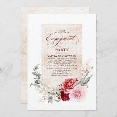 Burgundy Red and Pink Floral Engagement Party Invitations