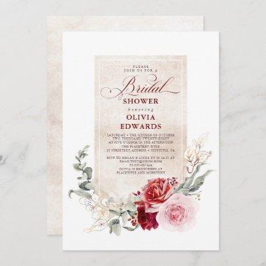Burgundy Red and Pink Flowers Bridal Shower Invitations