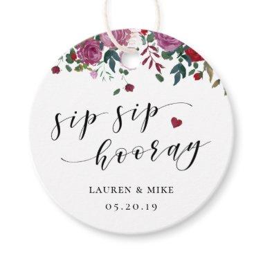 Burgundy Red Blooms Sip Sip Hooray Wedding Round Favor Tags