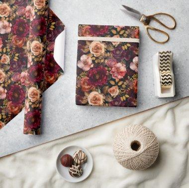 Burgundy Red Clay Roses and Gold Botanical Element Wrapping Paper