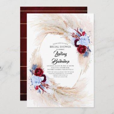 Burgundy Red Dusty Blue Pampas Grass Bridal Shower Invitations