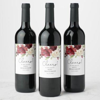 Burgundy red floral bridal shower wine label