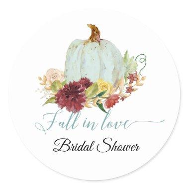 Burgundy Red Floral Fall in Love Pumpkin Bridal Classic Round Sticker