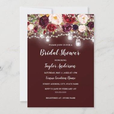 Burgundy Red Floral Lights Bridal Shower Invitations