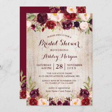 Burgundy Red Floral Rustic County Bridal Shower Invitations