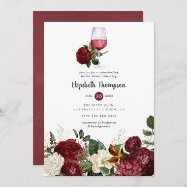 Burgundy Red Floral Wine Tasting Bridal Shower Invitations