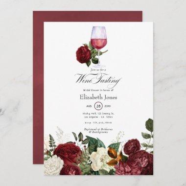 Burgundy Red Floral Wine themed Bridal Shower Invitations