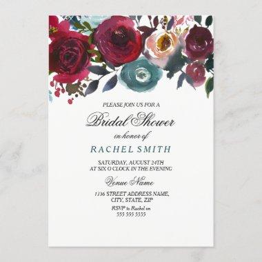 Burgundy Red Flowers Bridal Shower Invitations