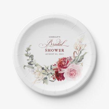 Burgundy Red Flowers Elegant Boho Bridal Shower Paper Plates