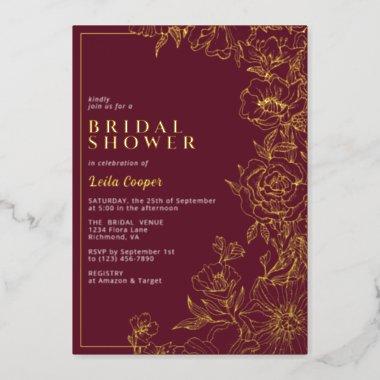 Burgundy Red + Gold | Ornate Maroon Bridal Shower Foil Invitations