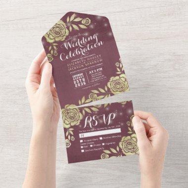 Burgundy Red Gold Roses String Lights Wedding RSVP All In One Invitations