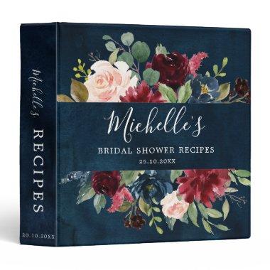 Burgundy Red Navy Blue Floral  Recipe 3 Ring Binder
