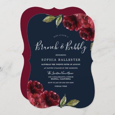Burgundy Red & Navy Brunch & Bubbly Bridal Shower Invitations