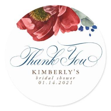 Burgundy Red Navy Floral Bridal Shower Thank You Classic Round Sticker