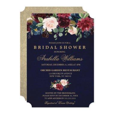 Burgundy Red Navy Floral Rustic Boho Bridal Shower Invitations