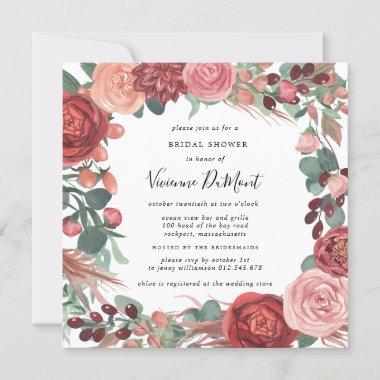 Burgundy Red Pink Peony Rose Floral Bridal Invitations