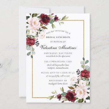 Burgundy Red Pink Rose Floral Bridal Luncheon Invitations
