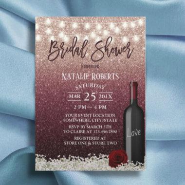 Burgundy Red Rose Gold Wine Bottle Bridal Shower Invitations