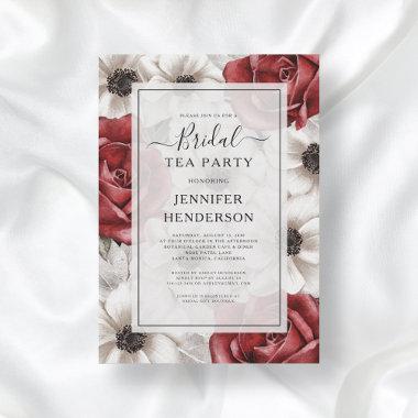 Burgundy Red Roses Anemone Floral Bridal Tea Party Invitations
