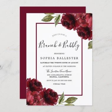 Burgundy Red Roses Bridal Shower Brunch & Bubbly Invitations