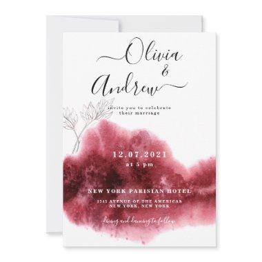 Burgundy Red Silver Botanical Watercolor Wedding Invitations