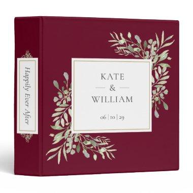 Burgundy Red Watercolor Greenery Floral Wedding 3 Ring Binder