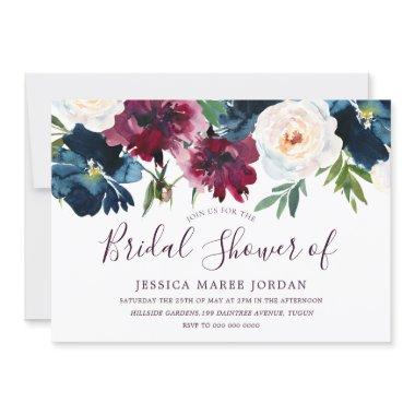 Burgundy Red Wine & Navy Floral Bridal Shower Invitations