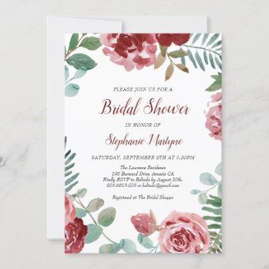 Burgundy Rose Floral Botanical Bridal Shower Invitations