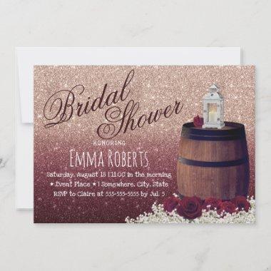 Burgundy Rose Floral Wine Barrel Bridal Shower Invitations