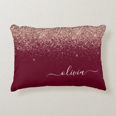 Burgundy Rose Gold Blush Pink Glitter Monogram Accent Pillow