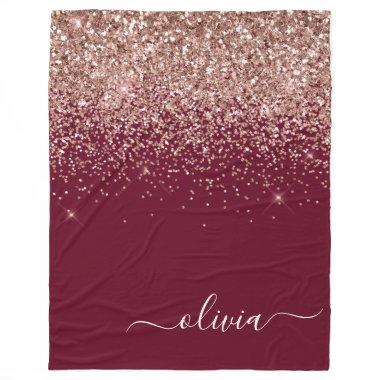 Burgundy Rose Gold Blush Pink Glitter Monogram Fleece Blanket