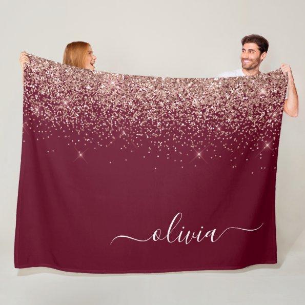 Burgundy Rose Gold Blush Pink Glitter Monogram Fleece Blanket