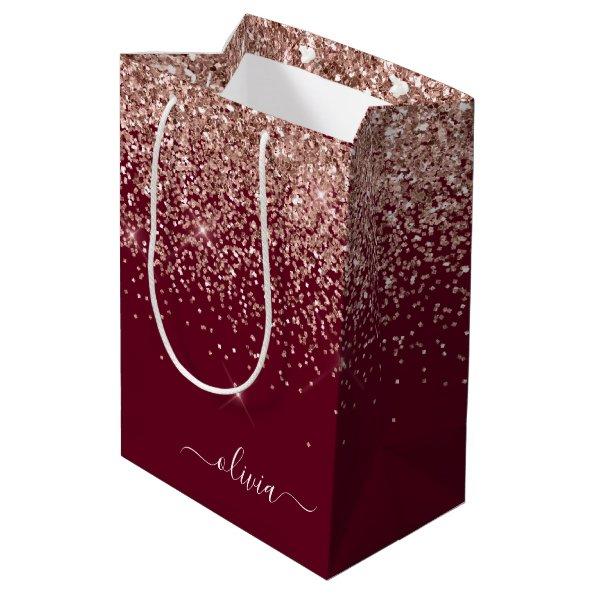 Burgundy Rose Gold Blush Pink Glitter Monogram Medium Gift Bag