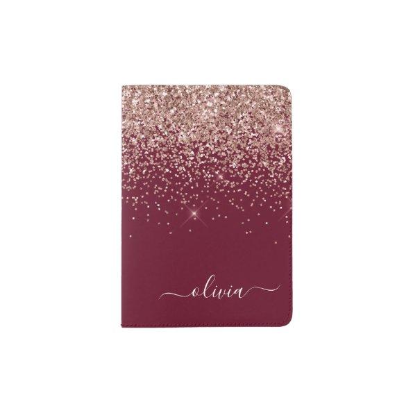 Burgundy Rose Gold Blush Pink Glitter Monogram Passport Holder