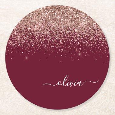 Burgundy Rose Gold Blush Pink Glitter Monogram Round Paper Coaster