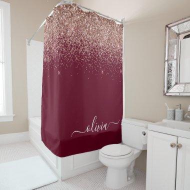 Burgundy Rose Gold Blush Pink Glitter Monogram Shower Curtain