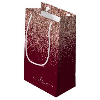 Burgundy Rose Gold Blush Pink Glitter Monogram Small Gift Bag