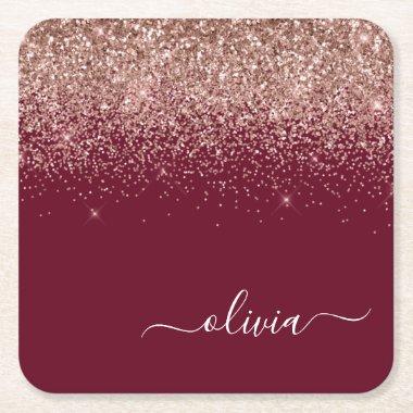 Burgundy Rose Gold Blush Pink Glitter Monogram Square Paper Coaster