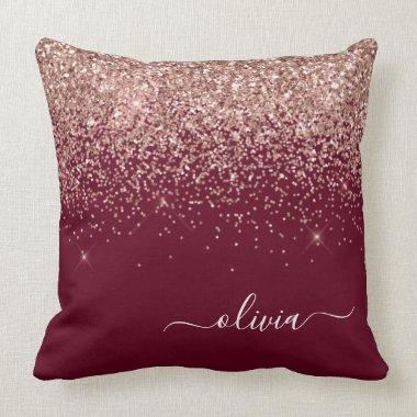 Burgundy Rose Gold Blush Pink Glitter Monogram Throw Pillow